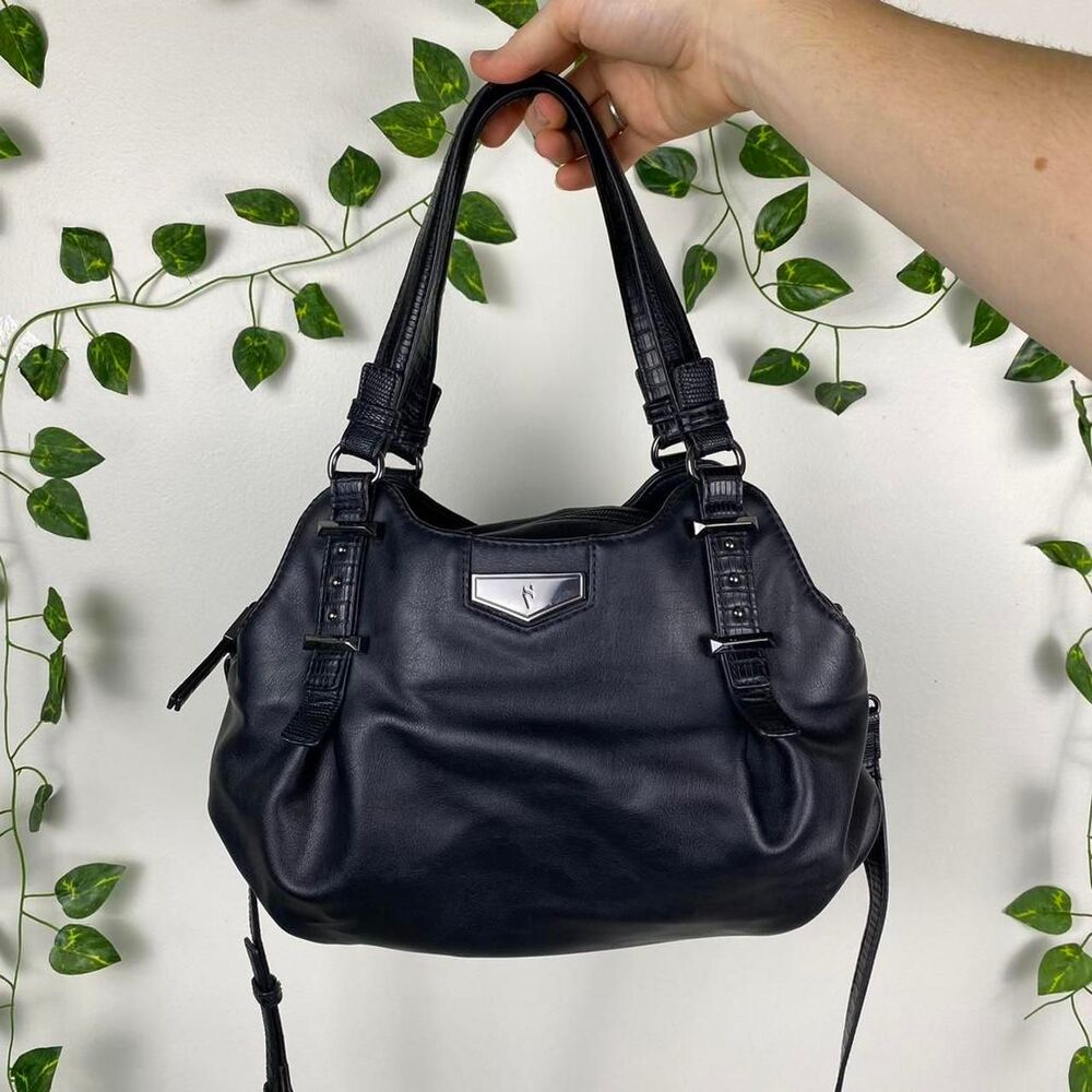 Black faux leather shoulder bag slouchy hobo crocodile skin accents y2k chunky